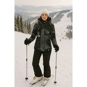 Winter Warm Black Paisley Bandana Hooded Ski Snowboard GSOU SNOW Women XS Coat